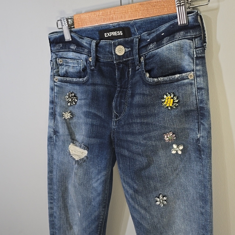 Jewel Express Jeans Womens Size 00 Blue Stretch Legging Fesitival embellished